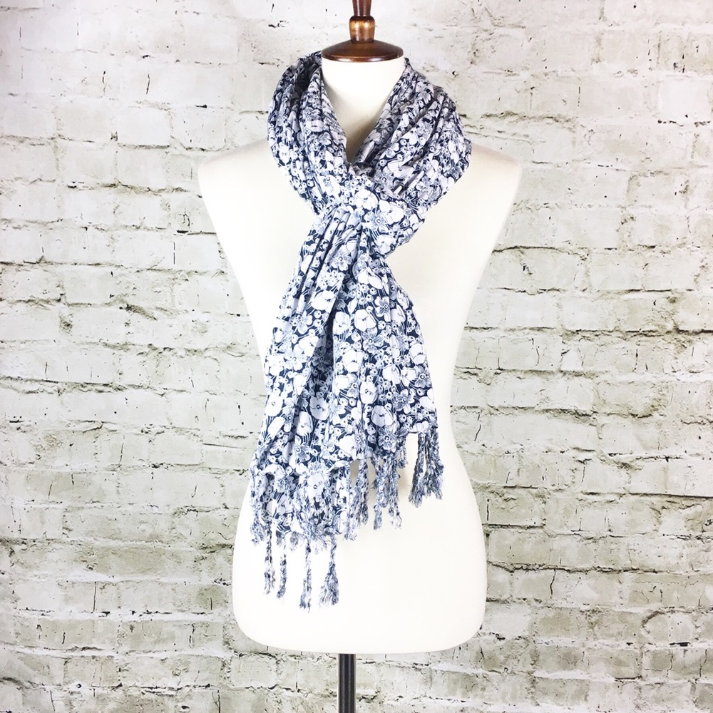 Navy Blue & White Floral Fringe Scarf